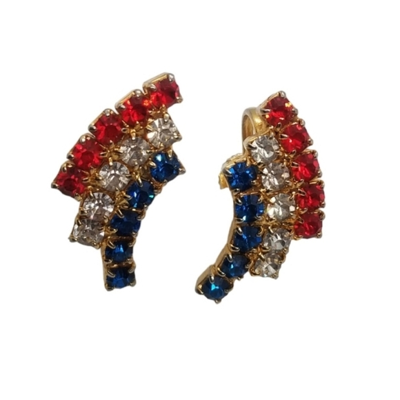 VINTAGE RED WHITE,& BLUE AUSTRIAN CRYSTAL & GOLDTONED SCREW BACK STYLE EARRINGS - Picture 3 of 4